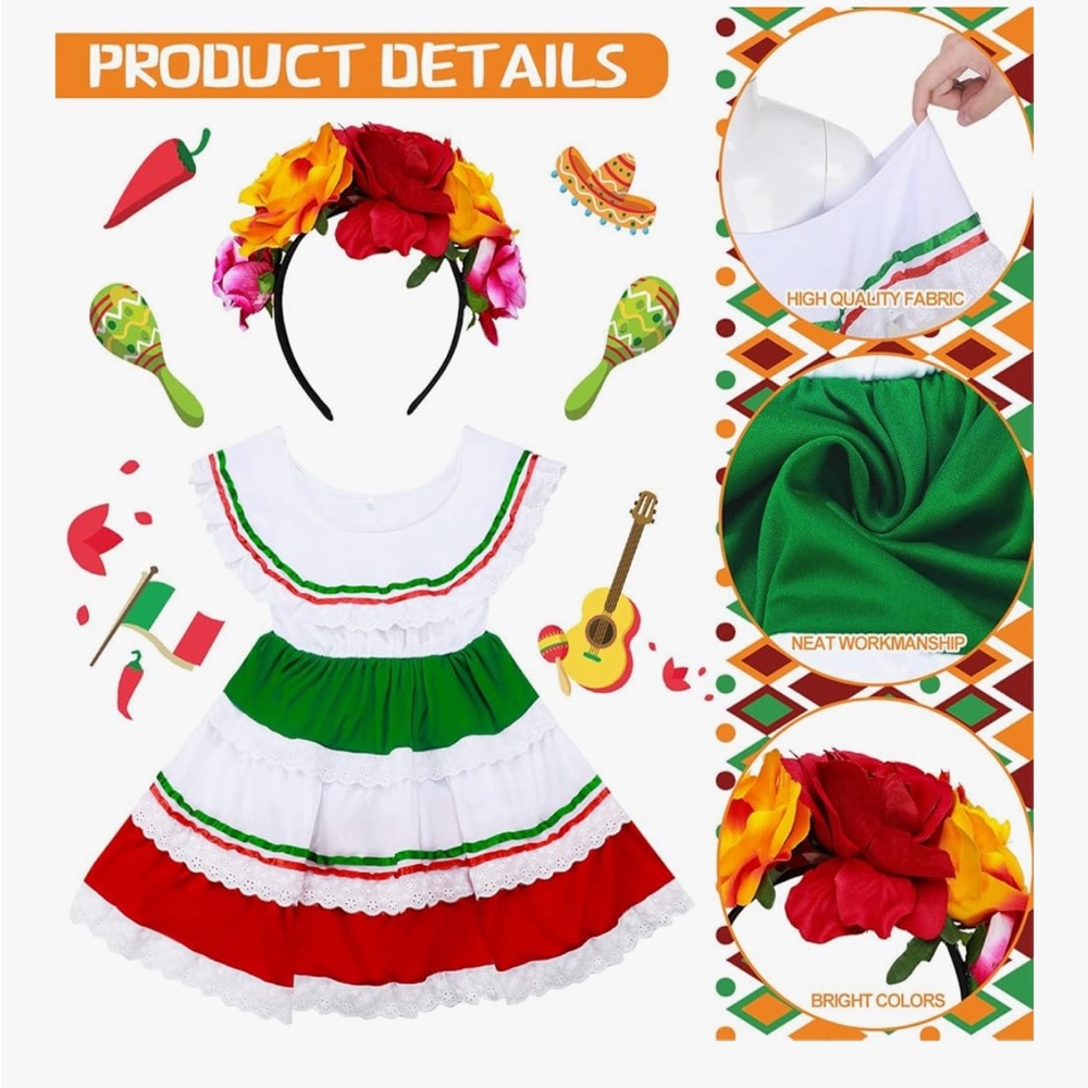 NWT Girls Traditional, Colorful Ruffled Dress Size M with Floral Headband OSFA - Picture 3 of 3